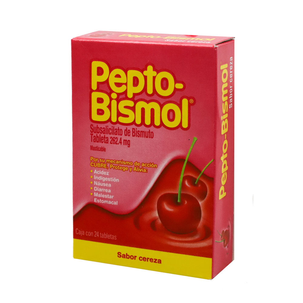Pepto Bismol 262 mg, Subsalicilato de Bismuto, Caj. C/24 Tab. Masticable Cereza