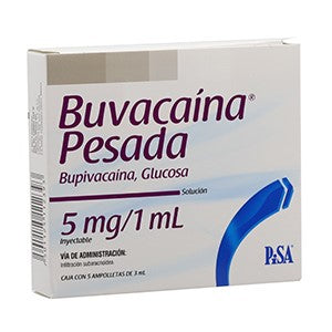 Buvacaína Pesada 15 mg, Bupivacaína, Caj, C/5 Fco. Ámp C/3 mL