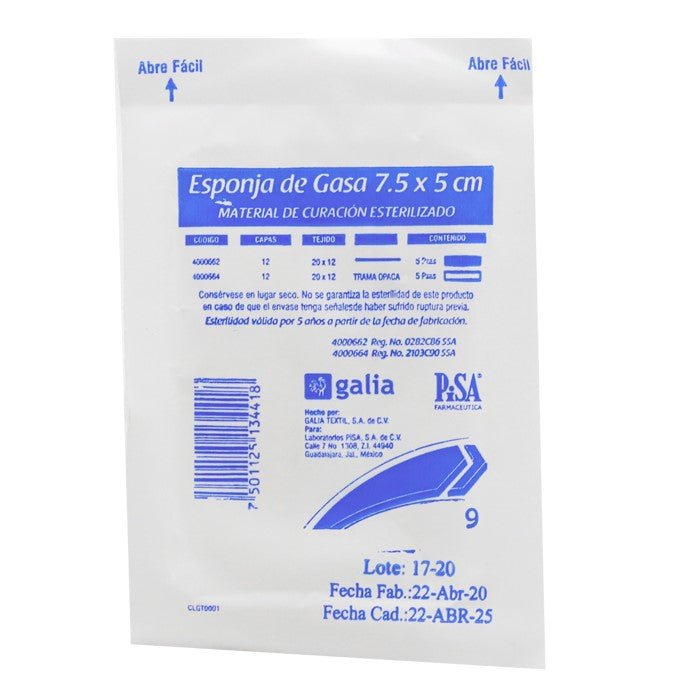 Gasa Esponja 7.5x 5cm 12C, Tramo 20x12, Estéril, C/5 Pzas.