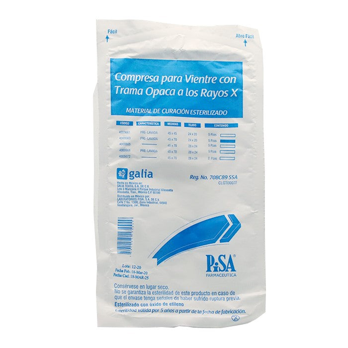 Compresa para vientre Pre-lavada Estéril, 45x70 cm, Tramo 20x24, C/5 piezas