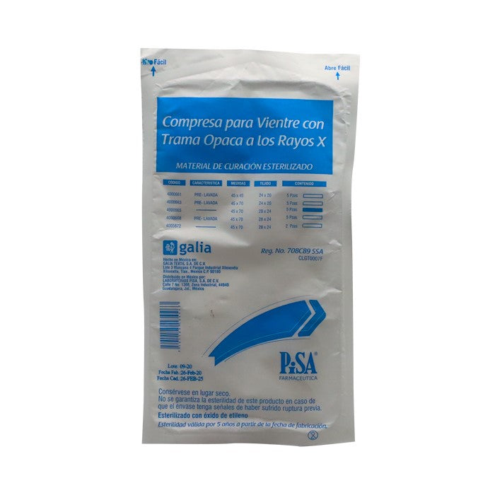 Compresa para vientre, Estéril, 45x70 cm, Tramo 28x24, C/5 piezas