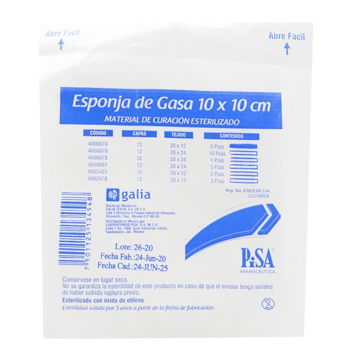 Gasa Esponja 10x10 cm Tramo 20x12, Estéril, C/5 Pzas.