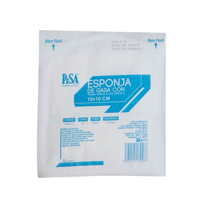 Gasa Esponja Larga 10X10 cm 32C, Tramo 28X24, Estéril C/5 Pzas.
