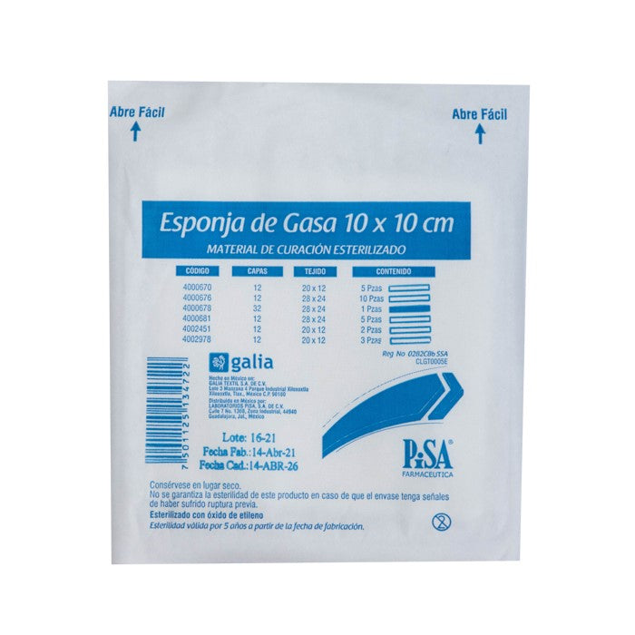 Gasa Esponja 10X10 cm 32c Tramo 28X24, C/ 1 Pza.