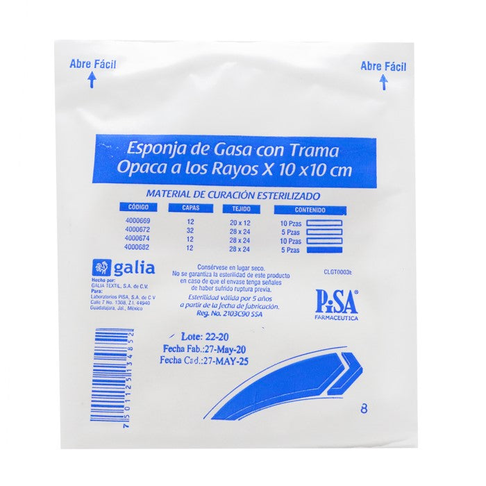 Gasa Esponja 10x10 cm, 12c R Tramo 28x24 C/5 Pzas.