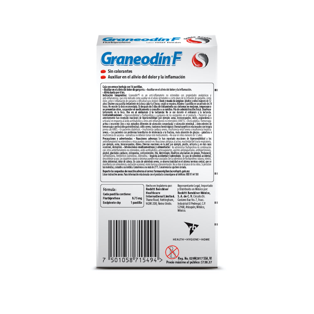 Graneodin F 8.75 mg Pastillas Sabor Miel Limón Caja con 16 Pastillas