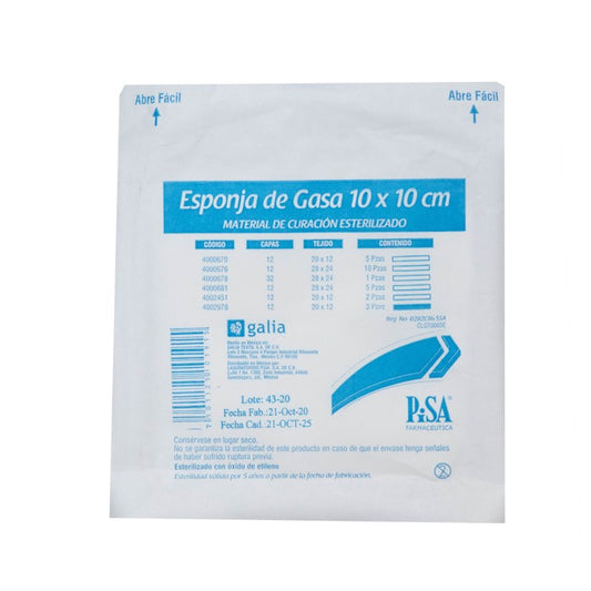 Gasa Esponja 10X10 cm Tramo 20X12, Estéril, C/3 Pzas.