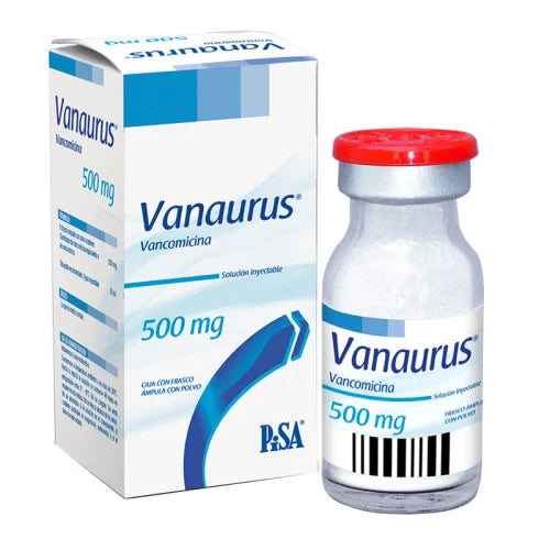 Vanaurus 500 mg, Vancomicina, Caj. c/1 Fco. Ámp. c/10 mL