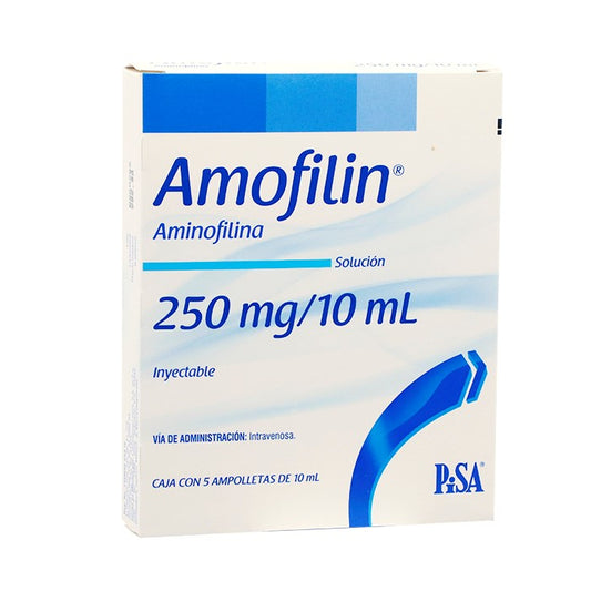 Amofilin 250mg, Aminofilina, Caj, C/5 Ámp. C/10 Ml
