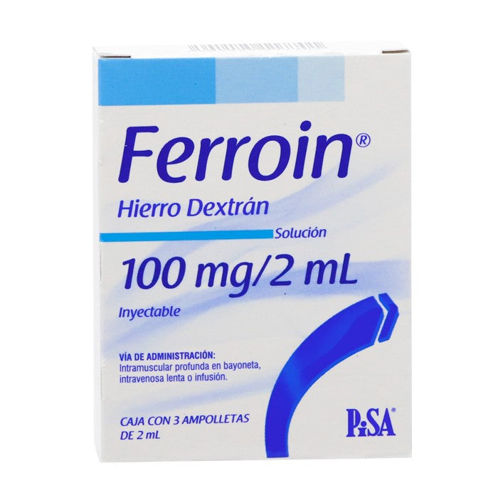 Ferroin 100 mg / 2 mL, Hierro Dextrán,  Fco. C/3 Ámp.