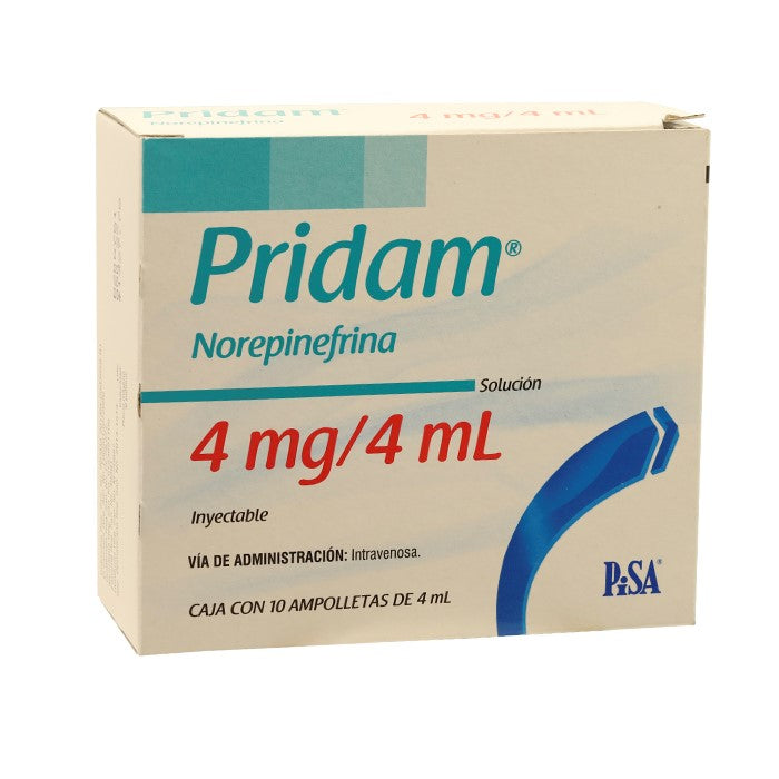 Pridam 4 Mg  / 4 Ml, Norepinefrina, Caj. C/10  Fco Amp.