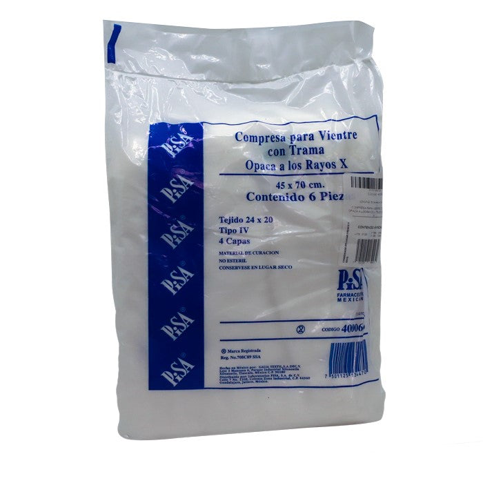 Compresa para vientre no Estéril 45x70 cm, Tramo 20x24, C/6 piezas