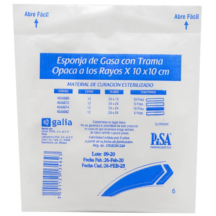 Gasa Esponja 10x10 cm, 12c R Tramo 28x24, C/10 Pzas.