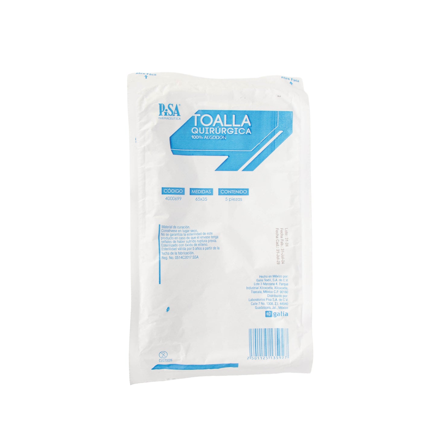Toalla Quirúrgica Textil Azul 35x65 – Uso Médico