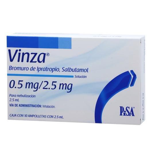Vinza 0.5 mg /2.5 mg, Bromuro de Ipratropio-Salbutamol, Caj. c/10 ámp. C/2.5 mL