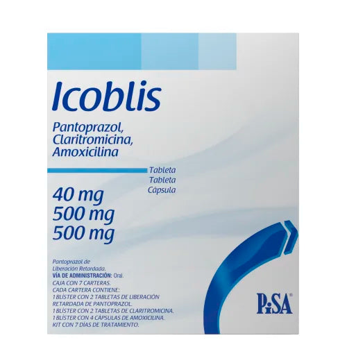 Icloblis 40 mg/ 500 mg/ 500 mg, Amoxicilina, Claritromicina, Pantoprazol, Kit 7 días