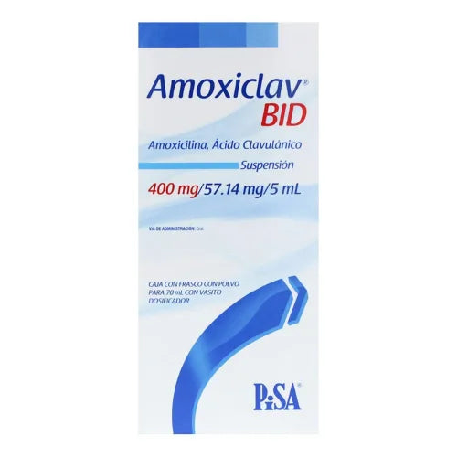 Amoxiclav BID Susp. Oral 400 mg, Amoxicilina, Ácido Clavulánico, Caj. c/70 mL