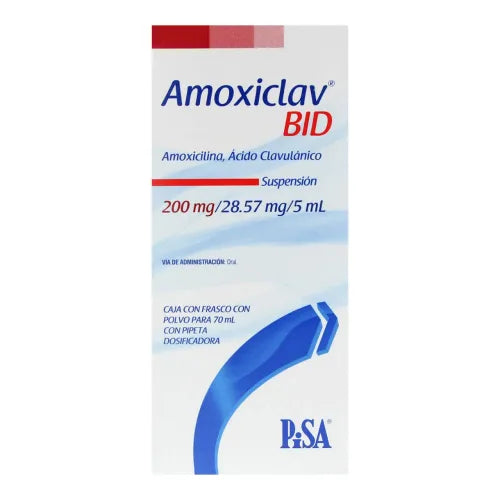 Amoxiclav BID Susp. Oral 200 mg, Amoxicilina, Ácido Clavulánico, Caj. c/70 mL