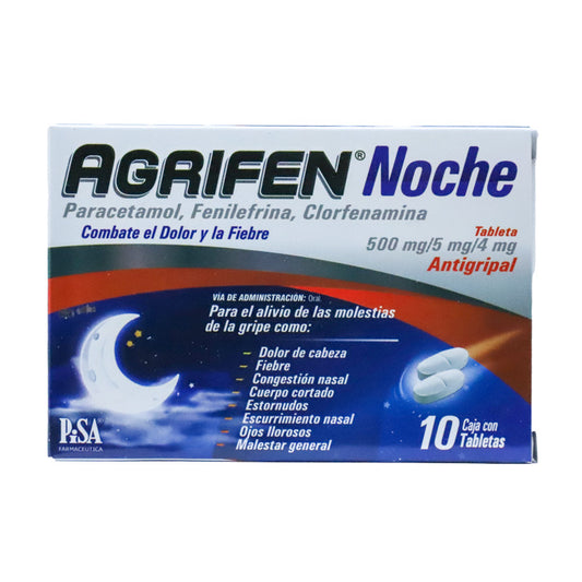 Agrifen Noche, 500 mg, 5 mg, 4 mg, Paracetamol, Fenilefrina, Clorfenamina, Caj. c/10 Tab.
