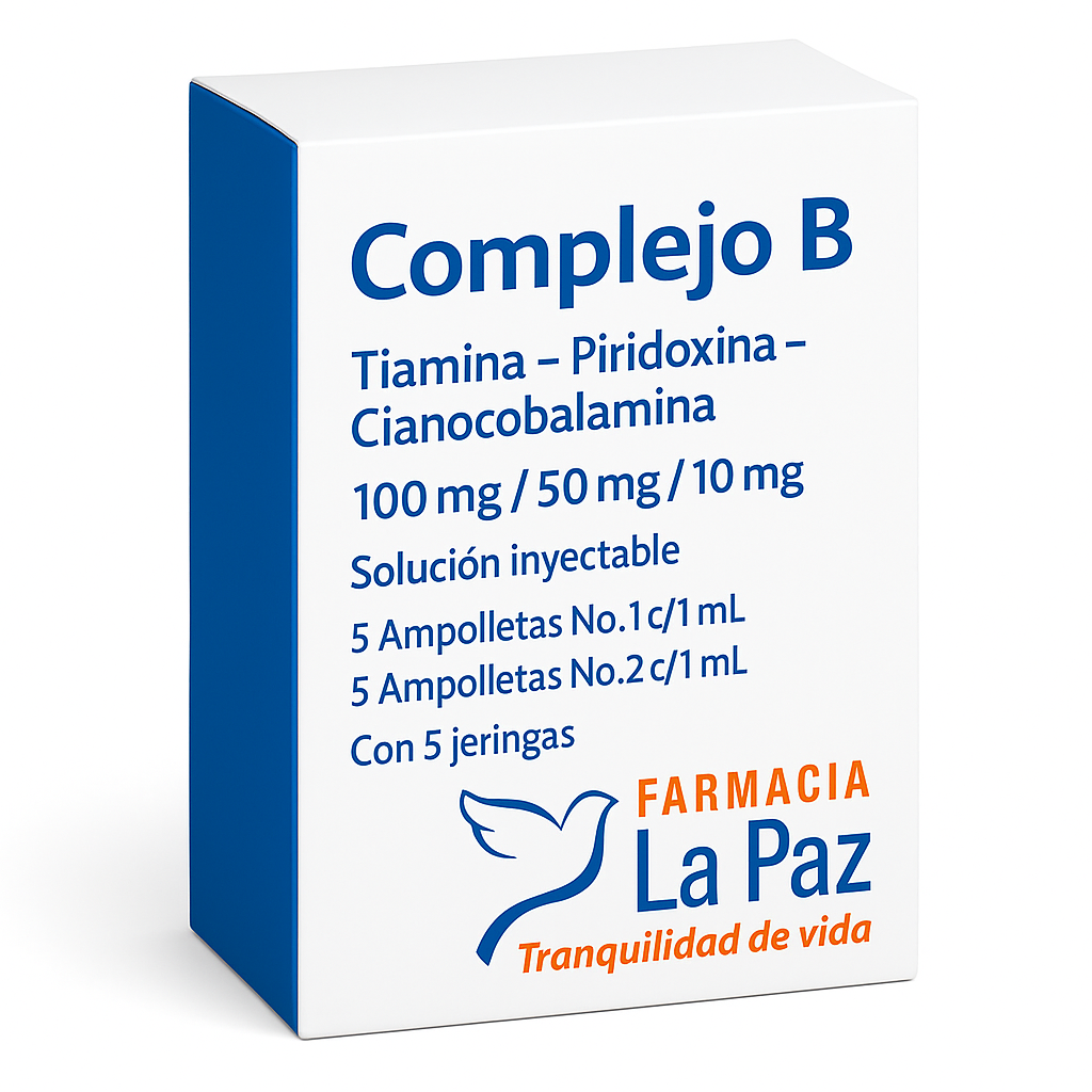 Complejo B, Tiamina - Piridoxina - Cianocolabamina, 100mg/50mg/10mg, Solucuion Inyectable, 5 Ampolletas No. 1 con 1 ml, 5 Ampolletas No. 2 con 1 ml, con 5 jeringas