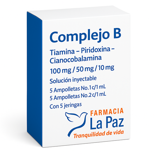 Complejo B, Tiamina - Piridoxina - Cianocolabamina, 100mg/50mg/10mg, Solucuion Inyectable, 5 Ampolletas No. 1 con 1 ml, 5 Ampolletas No. 2 con 1 ml, con 5 jeringas