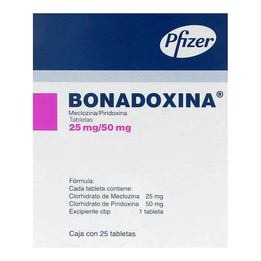 Bonadoxina 25 mg/50 mg Caja con 25 Tabletas de Meclizina y Piridoxina