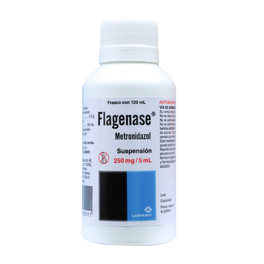 Flagenase 250 mg / 5 mL suspensión , Metronidazol, c/ 1 frasco 120 mL
