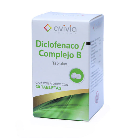 Diclofenaco 50 mg, Complejo B, Vitamina B1 50 mg, Vitamina B12 1 mg, Vitamina B6 50 mg, Caj. c/30 Tab.