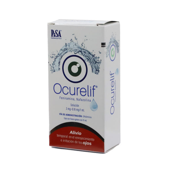 Ocurelif 3mg Feniramina, 0.16 mg Nafazolina / 1 ml. Caj. Fco. Got. Sol. Oft. c/15 mL