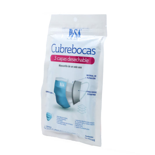 Cubrebocas c/3 capas, bolsa c/10 pzas desechable