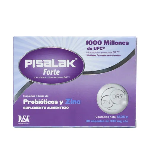 Pisalak Forte, Probióticos, Zinc, 1,000 MUFC/5mg, Caj. c/30 Cáps.
