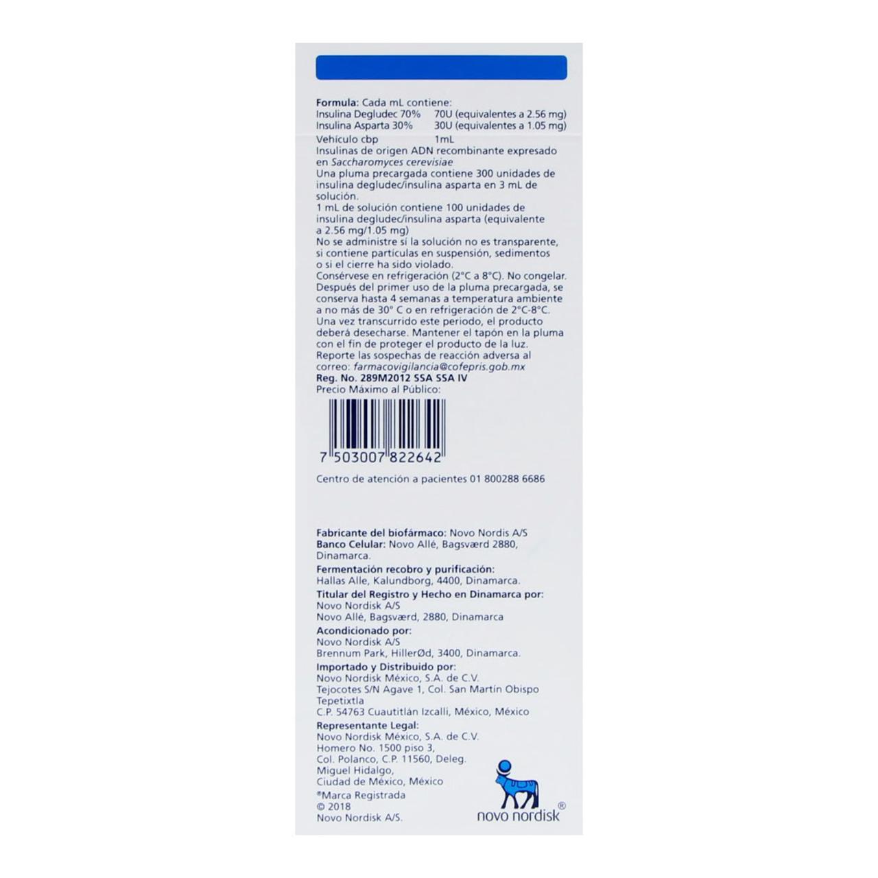 Ryzodeg FlexTouch 100 UI/mL Pluma Prellenada de 3 mL