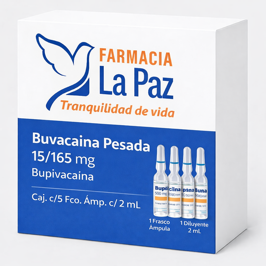 Buvacaína Pesada 15/165 mg, Bupivacaína, Caj. c/5 Fco. Ámp. c/ 2 mL